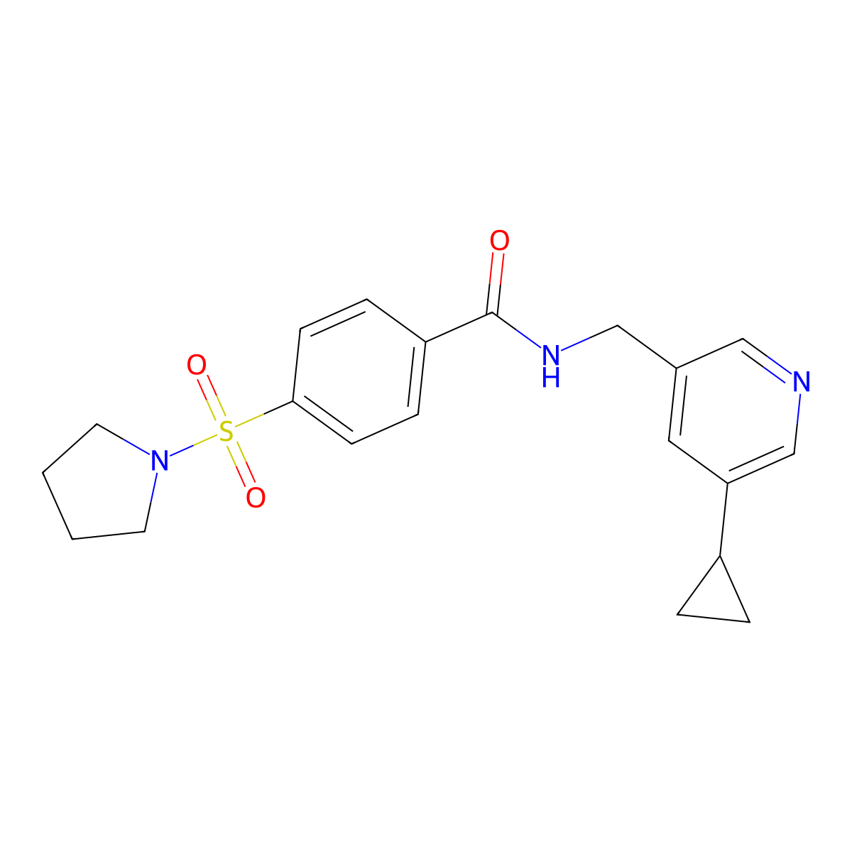 N-((5-cyclopropylpyridin-3-yl)methyl)-4-(pyrrolidin-1-ylsulfonyl)benzamide molecular structure, CAS 2034616-44-7
