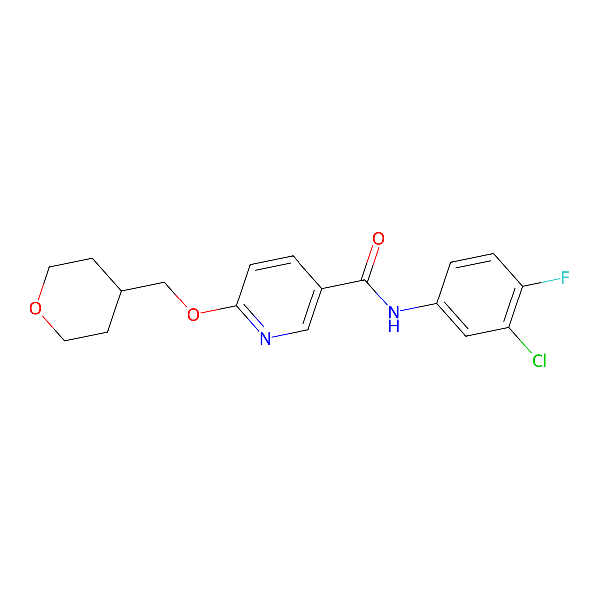 N-(3-chloro-4-fluorophenyl)-6-((tetrahydro-2H-pyran-4-yl)methoxy)nicotinamide molecular structure, CAS 2034616-50-5