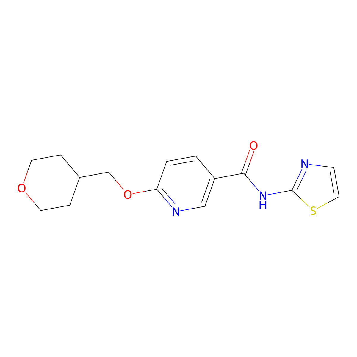 6-((tetrahydro-2H-pyran-4-yl)methoxy)-N-(thiazol-2-yl)nicotinamide molecular structure, CAS 2034616-65-2