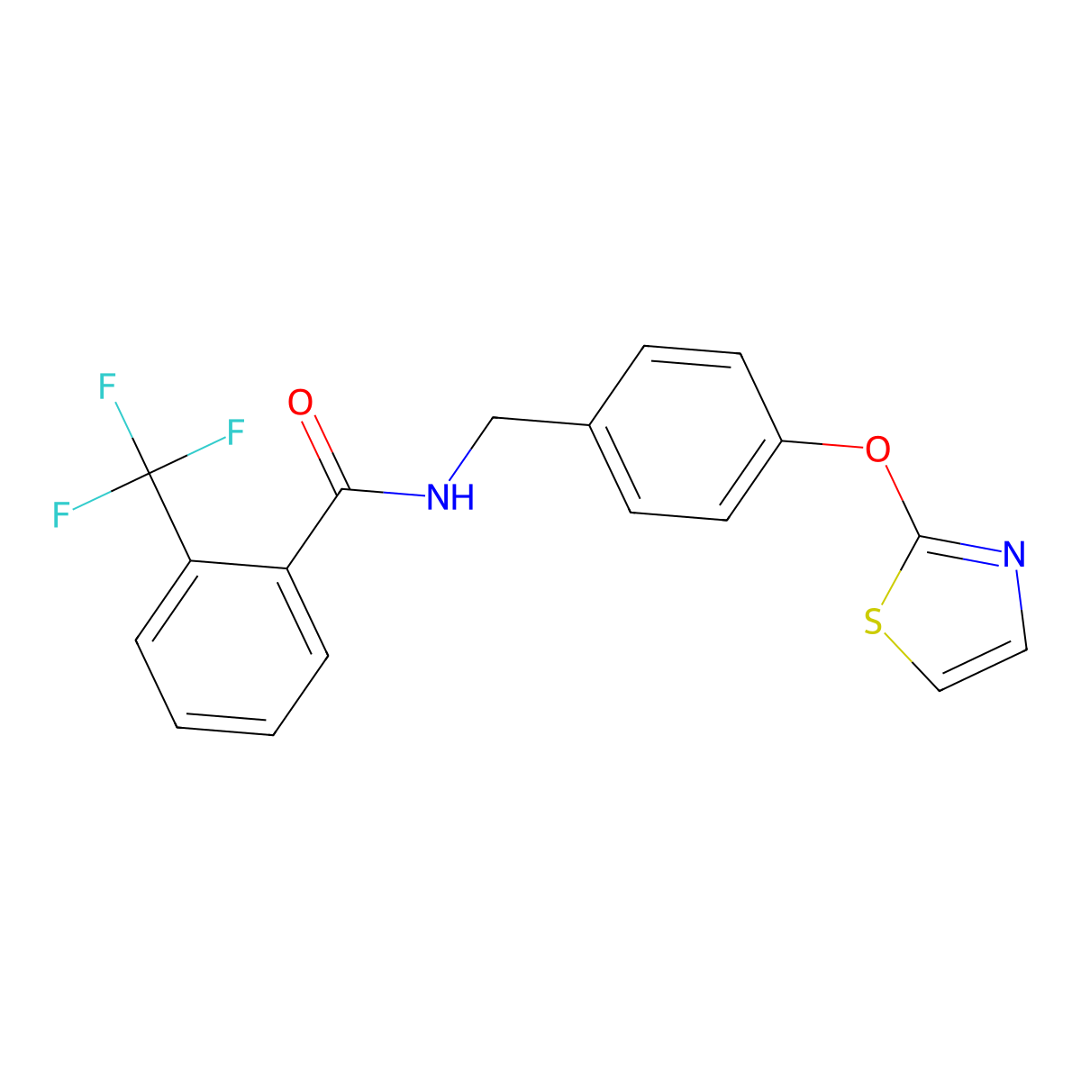 N-(4-(thiazol-2-yloxy)benzyl)-2-(trifluoromethyl)benzamide molecular structure, CAS 2034616-71-0