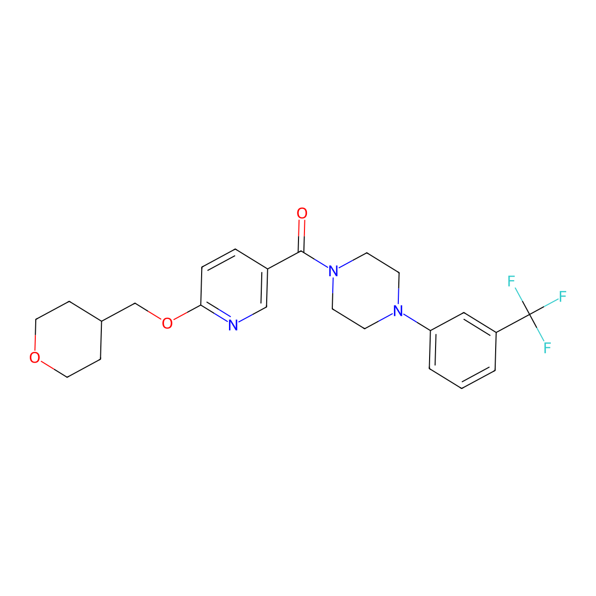 (6-((tetrahydro-2H-pyran-4-yl)methoxy)pyridin-3-yl)(4-(3-(trifluoromethyl)phenyl)piperazin-1-yl)methanone molecular structure, CAS 2034616-80-1