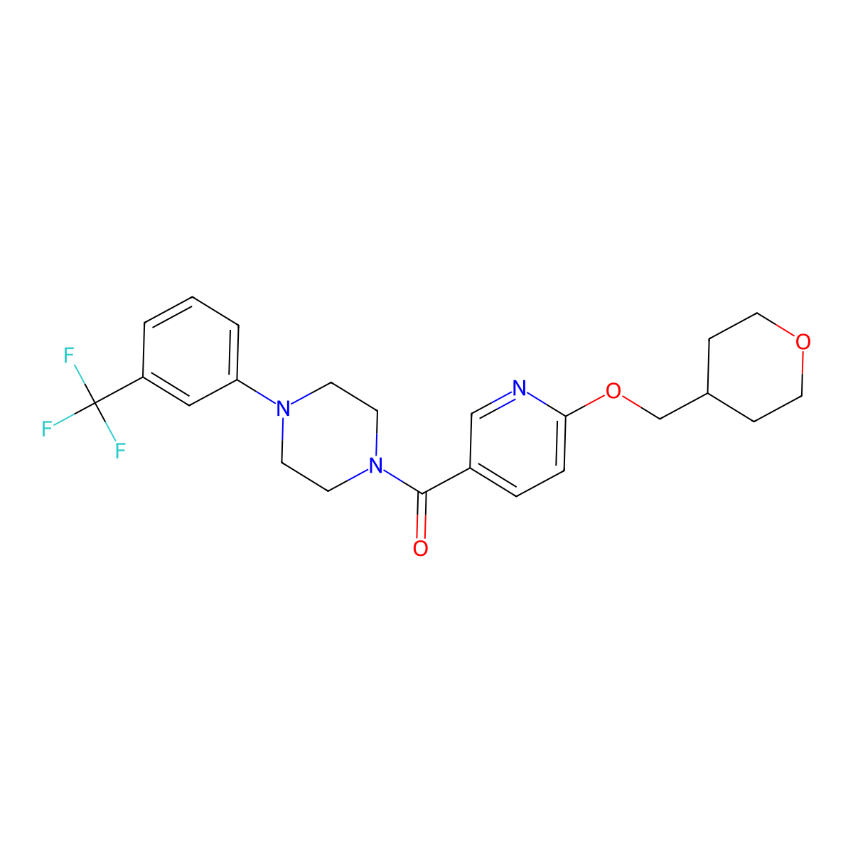 (6-((tetrahydro-2H-pyran-4-yl)methoxy)pyridin-3-yl)(4-(3-(trifluoromethyl)phenyl)piperazin-1-yl)methanone molecular structure, CAS 2034616-80-1