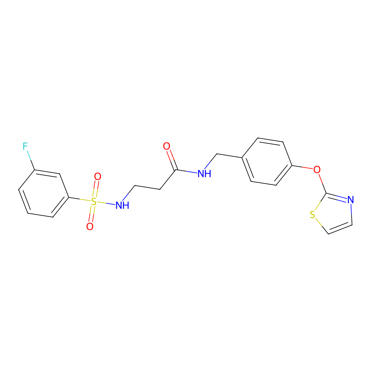 3-(3-fluorophenylsulfonamido)-N-(4-(thiazol-2-yloxy)benzyl)propanamide molecular structure, CAS 2034616-81-2