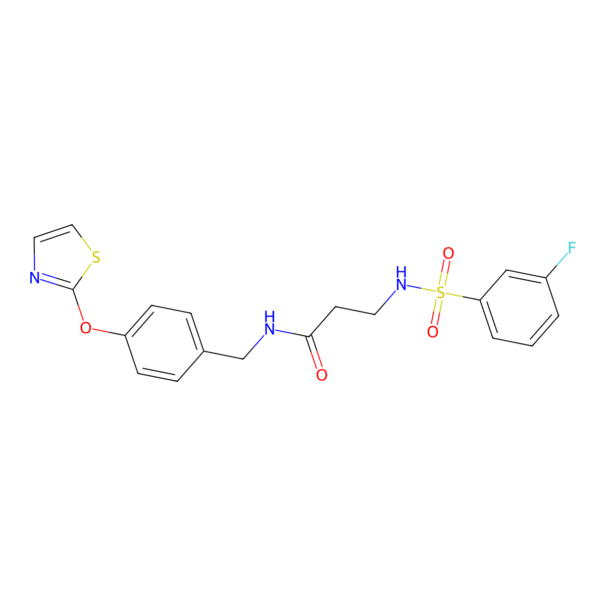 3-(3-fluorophenylsulfonamido)-N-(4-(thiazol-2-yloxy)benzyl)propanamide molecular structure, CAS 2034616-81-2