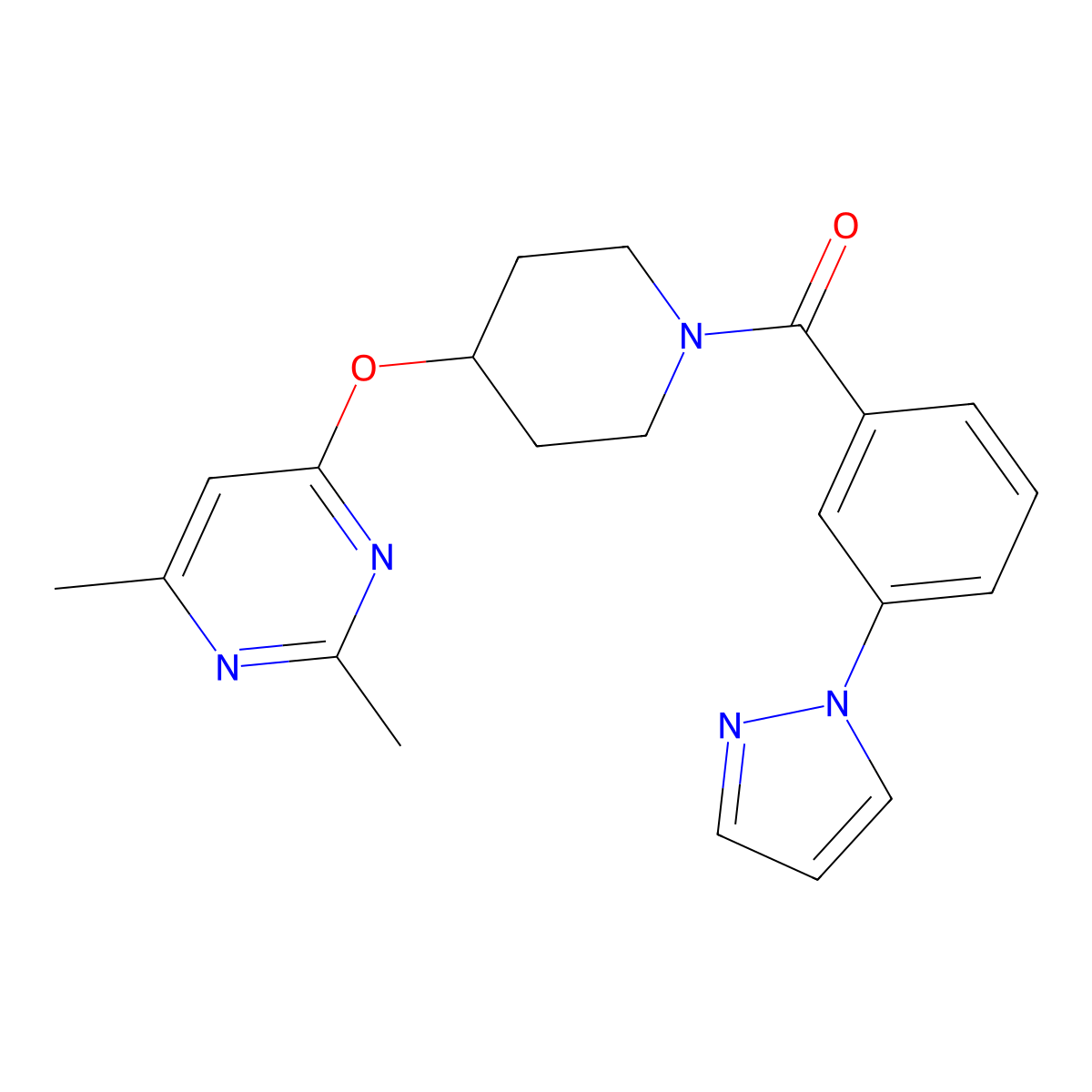 (3-(1H-pyrazol-1-yl)phenyl)(4-((2,6-dimethylpyrimidin-4-yl)oxy)piperidin-1-yl)methanone molecular structure, CAS 2034616-83-4