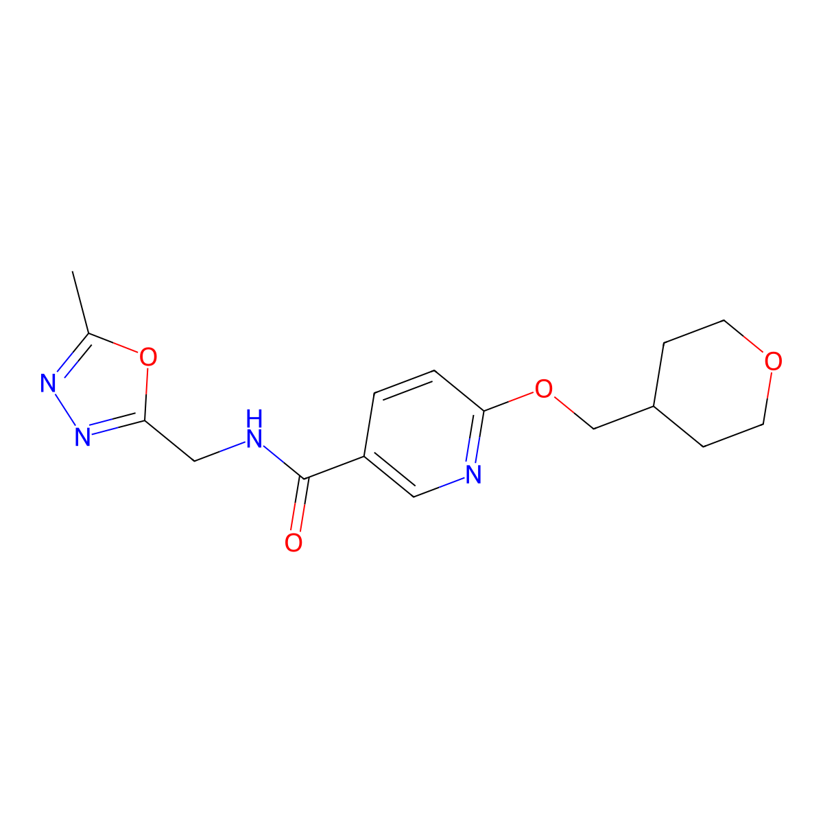 N-((5-methyl-1,3,4-oxadiazol-2-yl)methyl)-6-((tetrahydro-2H-pyran-4-yl)methoxy)nicotinamide molecular structure, CAS 2034617-11-1