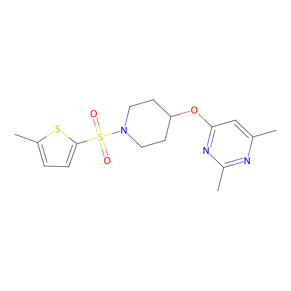 2,4-Dimethyl-6-({1-[(5-methylthiophen-2-yl)sulfonyl]piperidin-4-yl}oxy)pyrimidine molecular structure, CAS 2034617-32-6