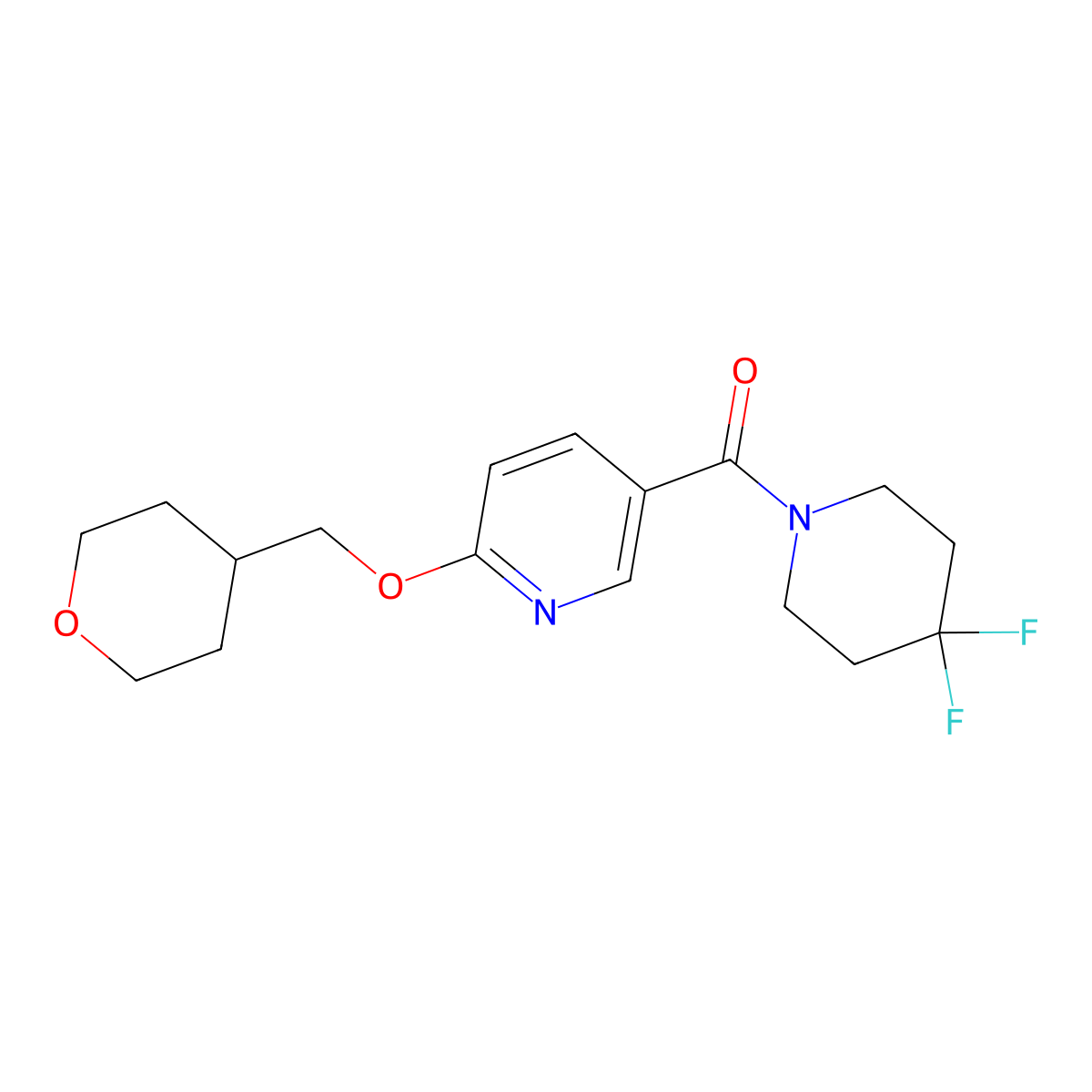 (4,4-difluoropiperidin-1-yl)(6-((tetrahydro-2H-pyran-4-yl)methoxy)pyridin-3-yl)methanone molecular structure, CAS 2034617-41-7