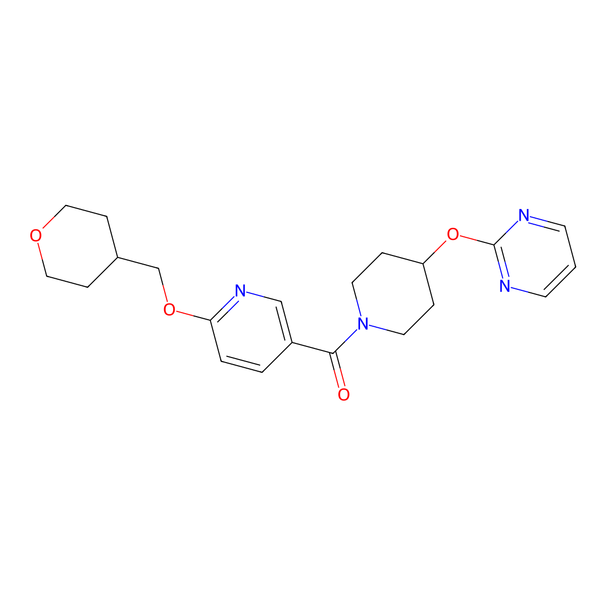 (4-(pyrimidin-2-yloxy)piperidin-1-yl)(6-((tetrahydro-2H-pyran-4-yl)methoxy)pyridin-3-yl)methanone molecular structure, CAS 2034617-45-1