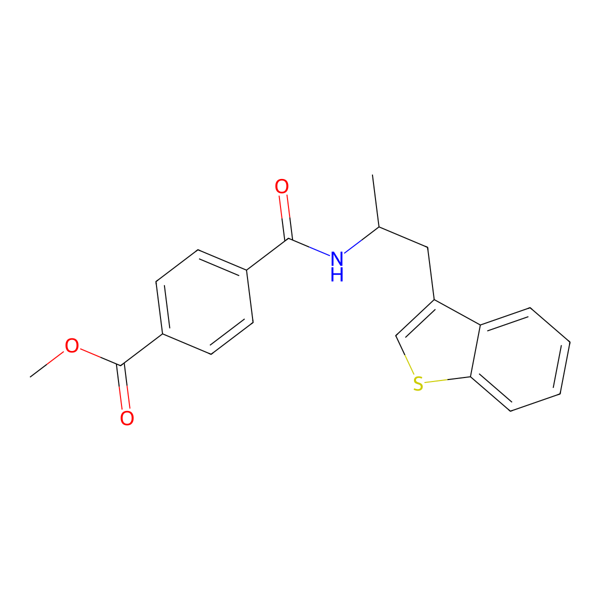 Methyl 4-((1-(benzo[b]thiophen-3-yl)propan-2-yl)carbamoyl)benzoate molecular structure, CAS 2034617-56-4