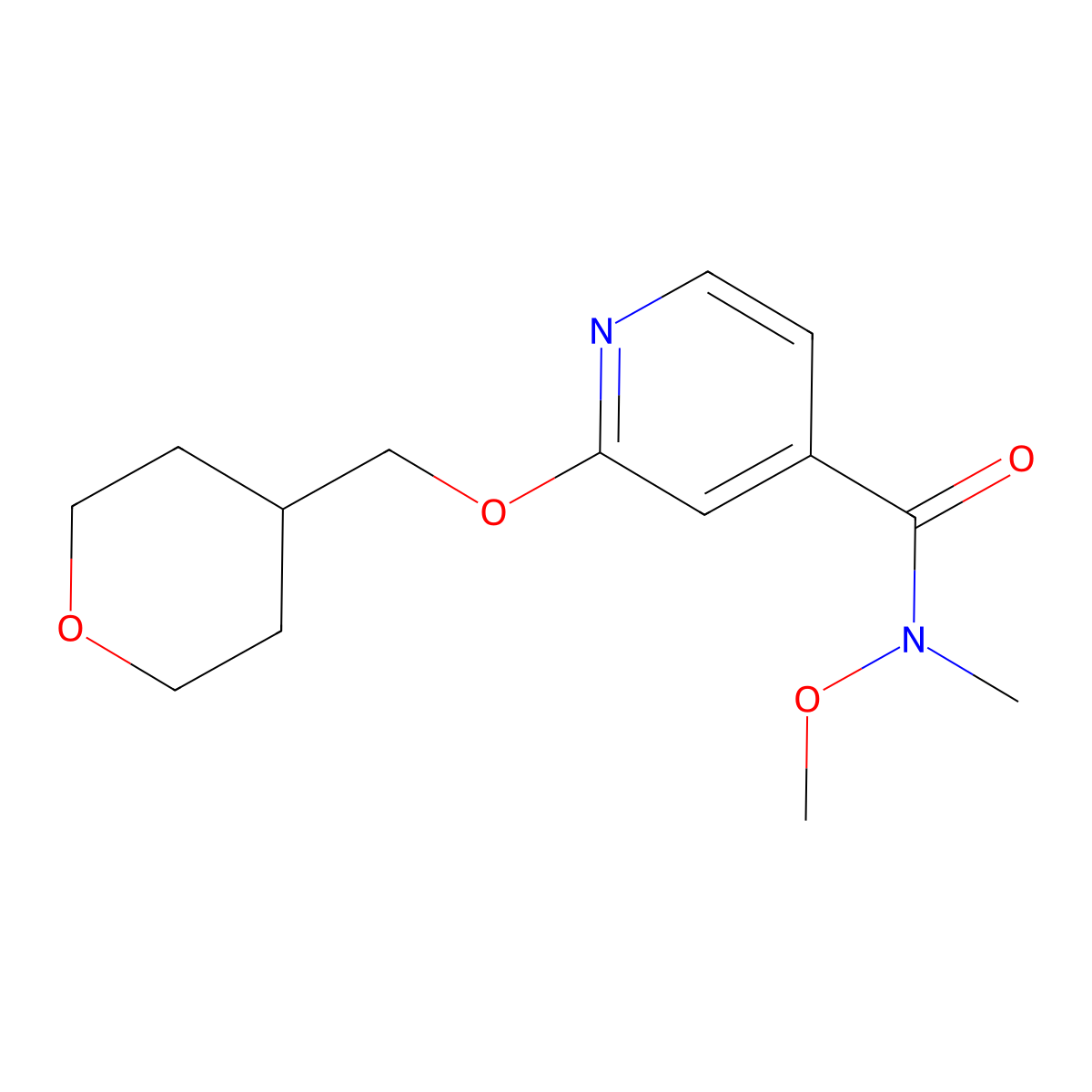 N-methoxy-N-methyl-2-((tetrahydro-2H-pyran-4-yl)methoxy)isonicotinamide molecular structure, CAS 2034617-59-7