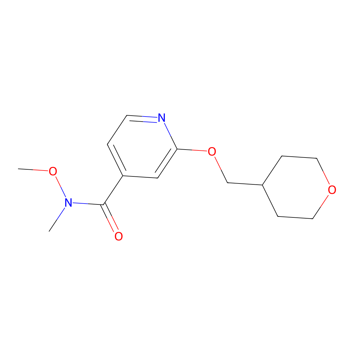 N-methoxy-N-methyl-2-((tetrahydro-2H-pyran-4-yl)methoxy)isonicotinamide molecular structure, CAS 2034617-59-7