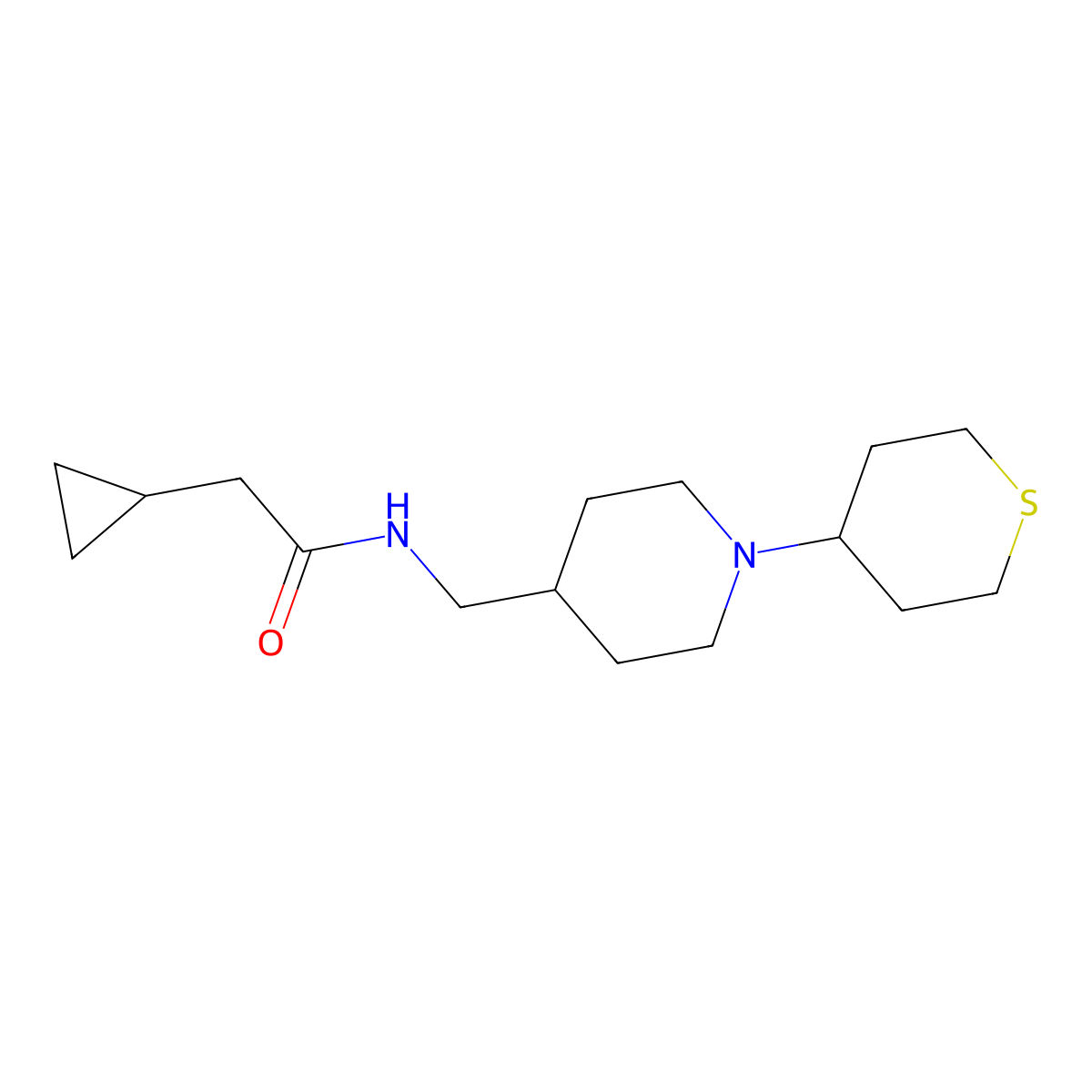 2-cyclopropyl-N-((1-(tetrahydro-2H-thiopyran-4-yl)piperidin-4-yl)methyl)acetamide molecular structure, CAS 2034617-65-5