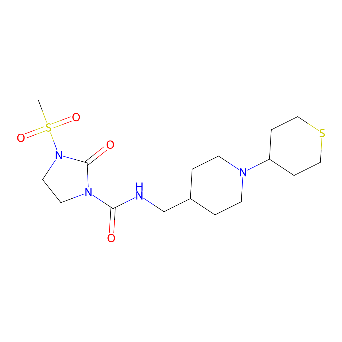 3-(methylsulfonyl)-2-oxo-N-((1-(tetrahydro-2H-thiopyran-4-yl)piperidin-4-yl)methyl)imidazolidine-1-carboxamide molecular structure, CAS 2034617-69-9