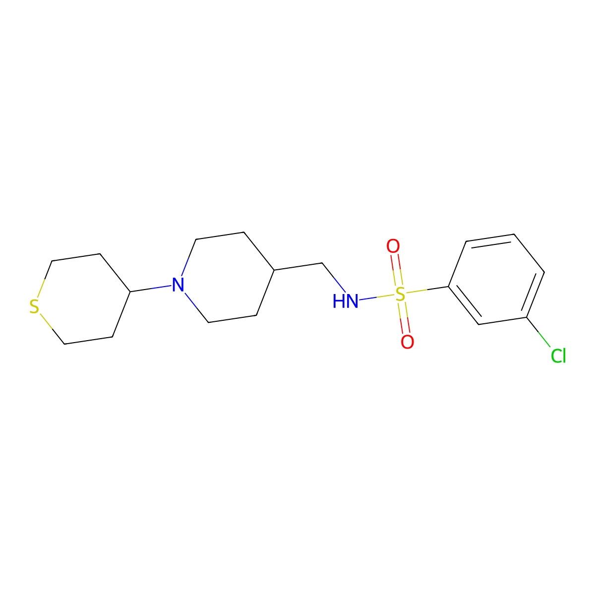 3-chloro-N-((1-(tetrahydro-2H-thiopyran-4-yl)piperidin-4-yl)methyl)benzenesulfonamide molecular structure, CAS 2034617-73-5