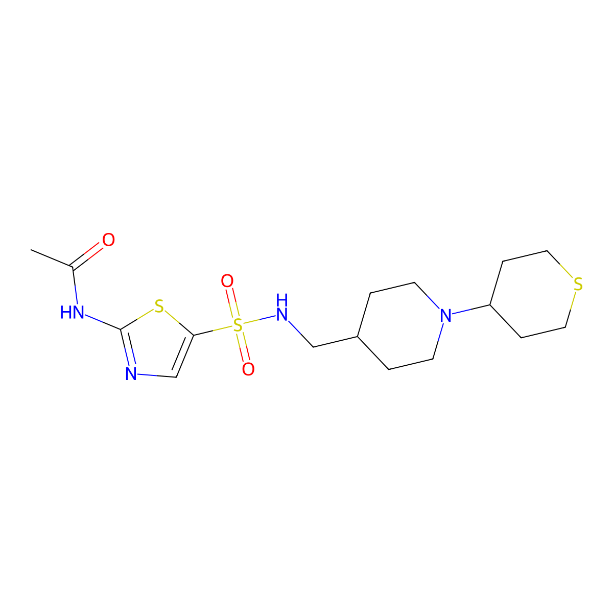N-(5-(N-((1-(tetrahydro-2H-thiopyran-4-yl)piperidin-4-yl)methyl)sulfamoyl)thiazol-2-yl)acetamide molecular structure, CAS 2034617-82-6