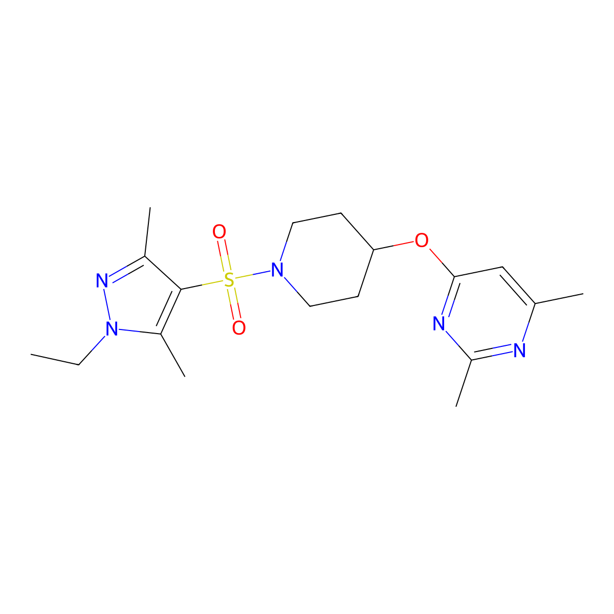 4-({1-[(1-ethyl-3,5-dimethyl-1H-pyrazol-4-yl)sulfonyl]piperidin-4-yl}oxy)-2,6-dimethylpyrimidine molecular structure, CAS 2034617-96-2
