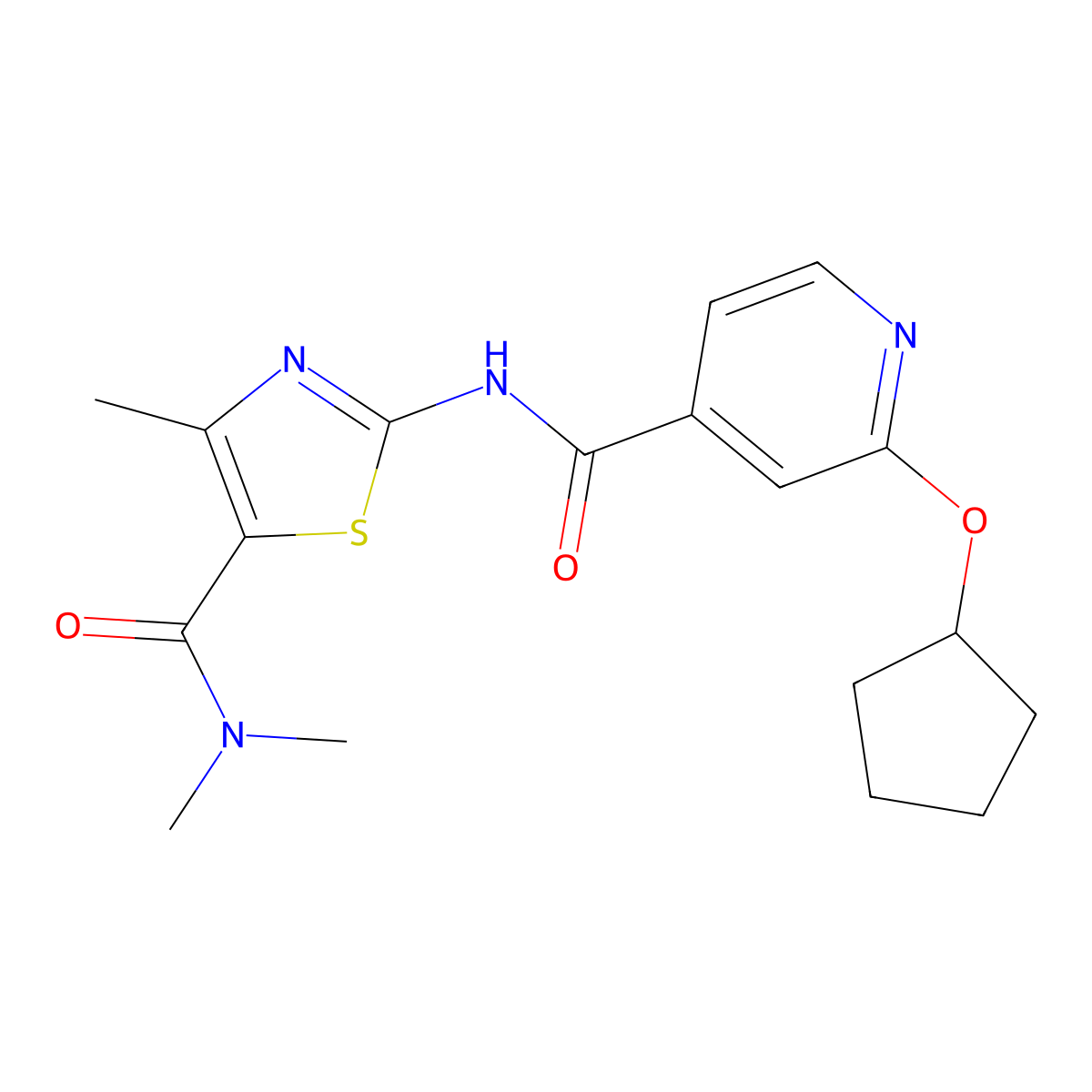 2-(2-(cyclopentyloxy)isonicotinamido)-N,N,4-trimethylthiazole-5-carboxamide molecular structure, CAS 2034618-05-6