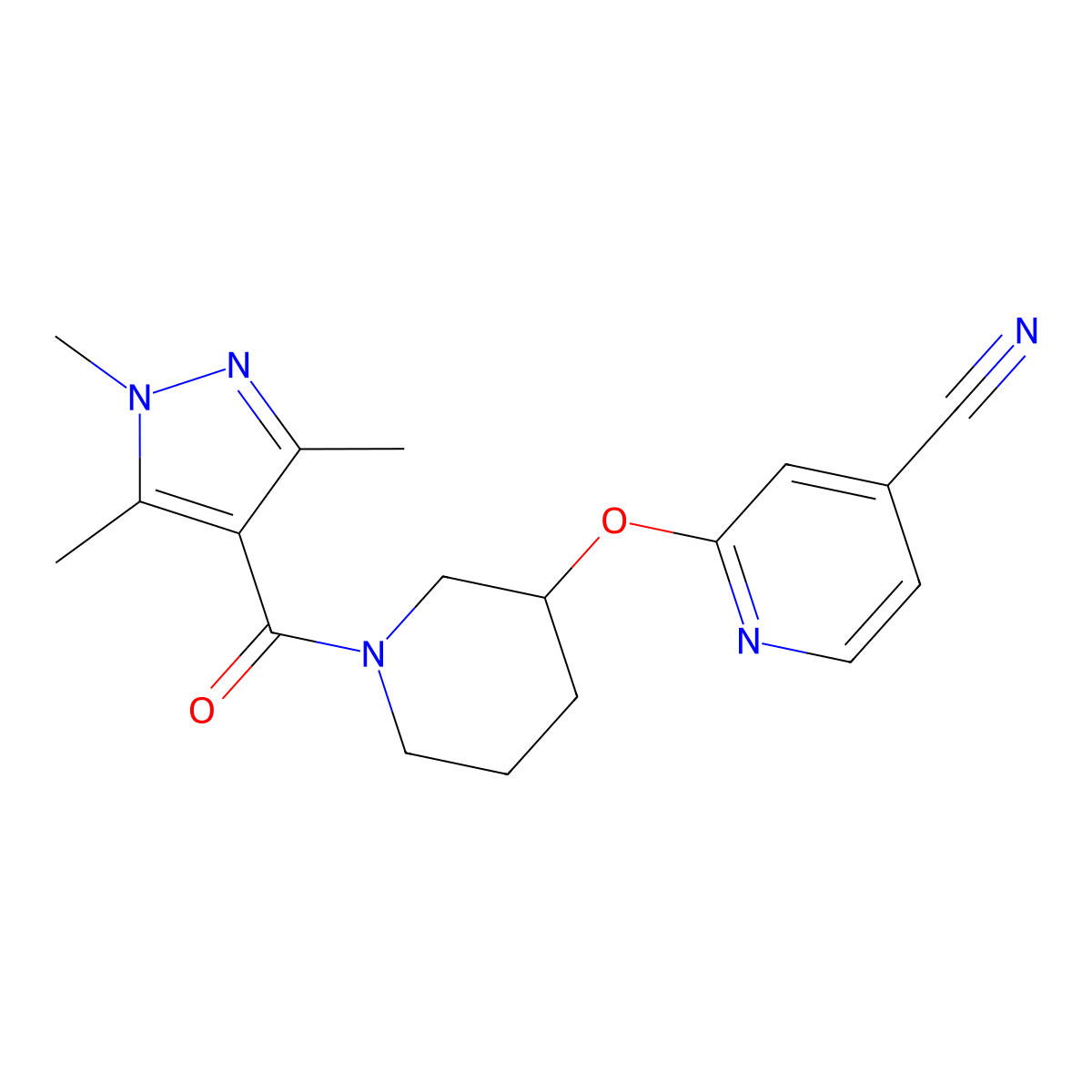 2-((1-(1,3,5-trimethyl-1H-pyrazole-4-carbonyl)piperidin-3-yl)oxy)isonicotinonitrile molecular structure, CAS 2034618-06-7