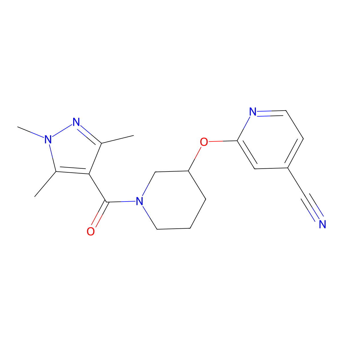 2-((1-(1,3,5-trimethyl-1H-pyrazole-4-carbonyl)piperidin-3-yl)oxy)isonicotinonitrile molecular structure, CAS 2034618-06-7