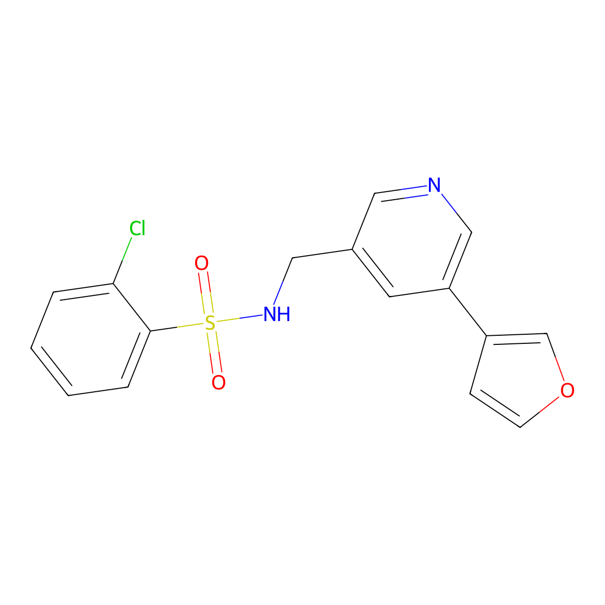 2-chloro-N-((5-(furan-3-yl)pyridin-3-yl)methyl)benzenesulfonamide molecular structure, CAS 2034618-13-6