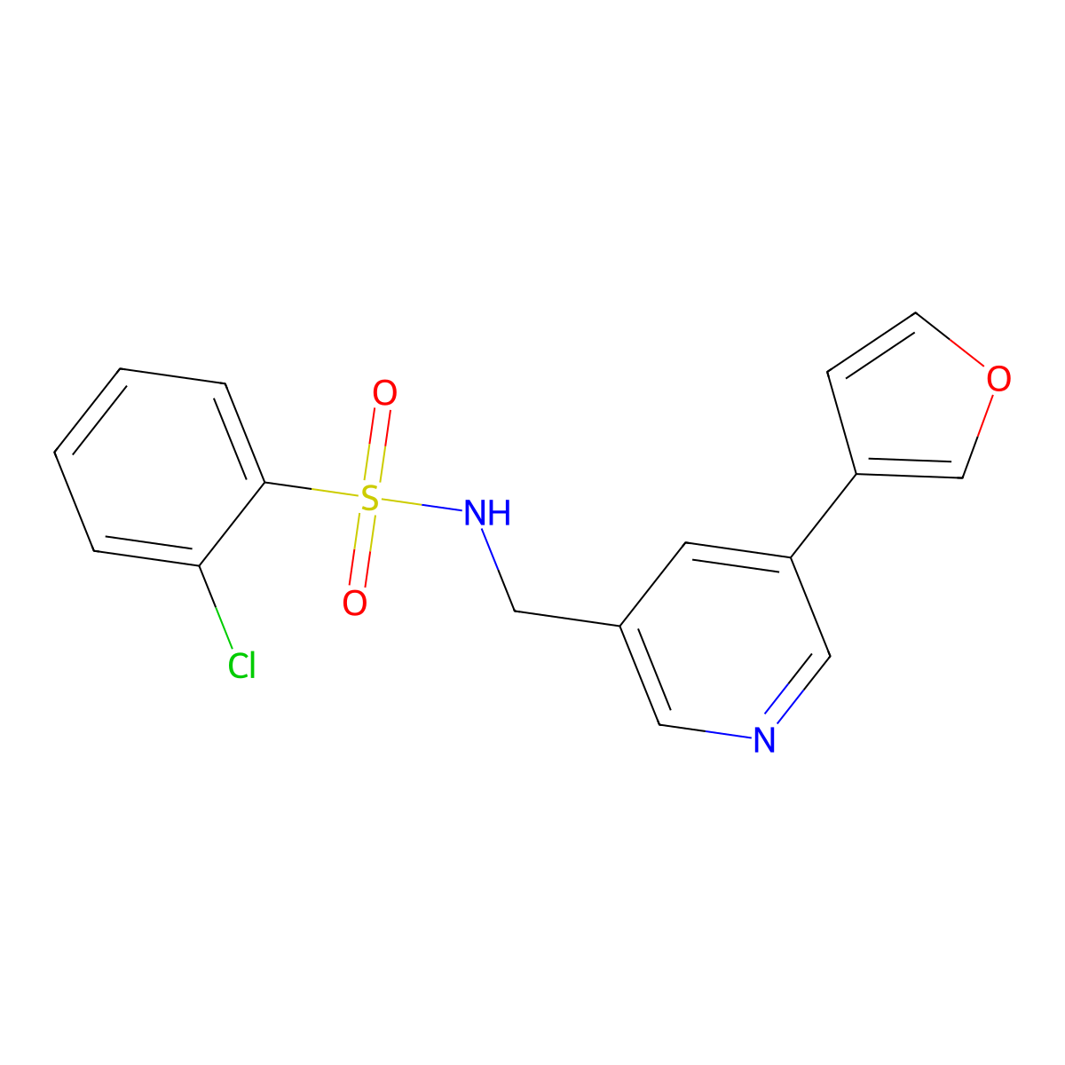 2-chloro-N-((5-(furan-3-yl)pyridin-3-yl)methyl)benzenesulfonamide molecular structure, CAS 2034618-13-6