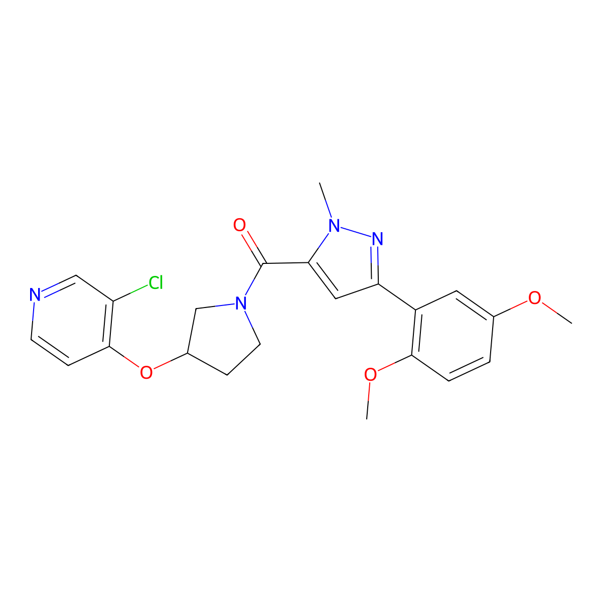(3-((3-chloropyridin-4-yl)oxy)pyrrolidin-1-yl)(3-(2,5-dimethoxyphenyl)-1-methyl-1H-pyrazol-5-yl)methanone molecular structure, CAS 2034618-27-2