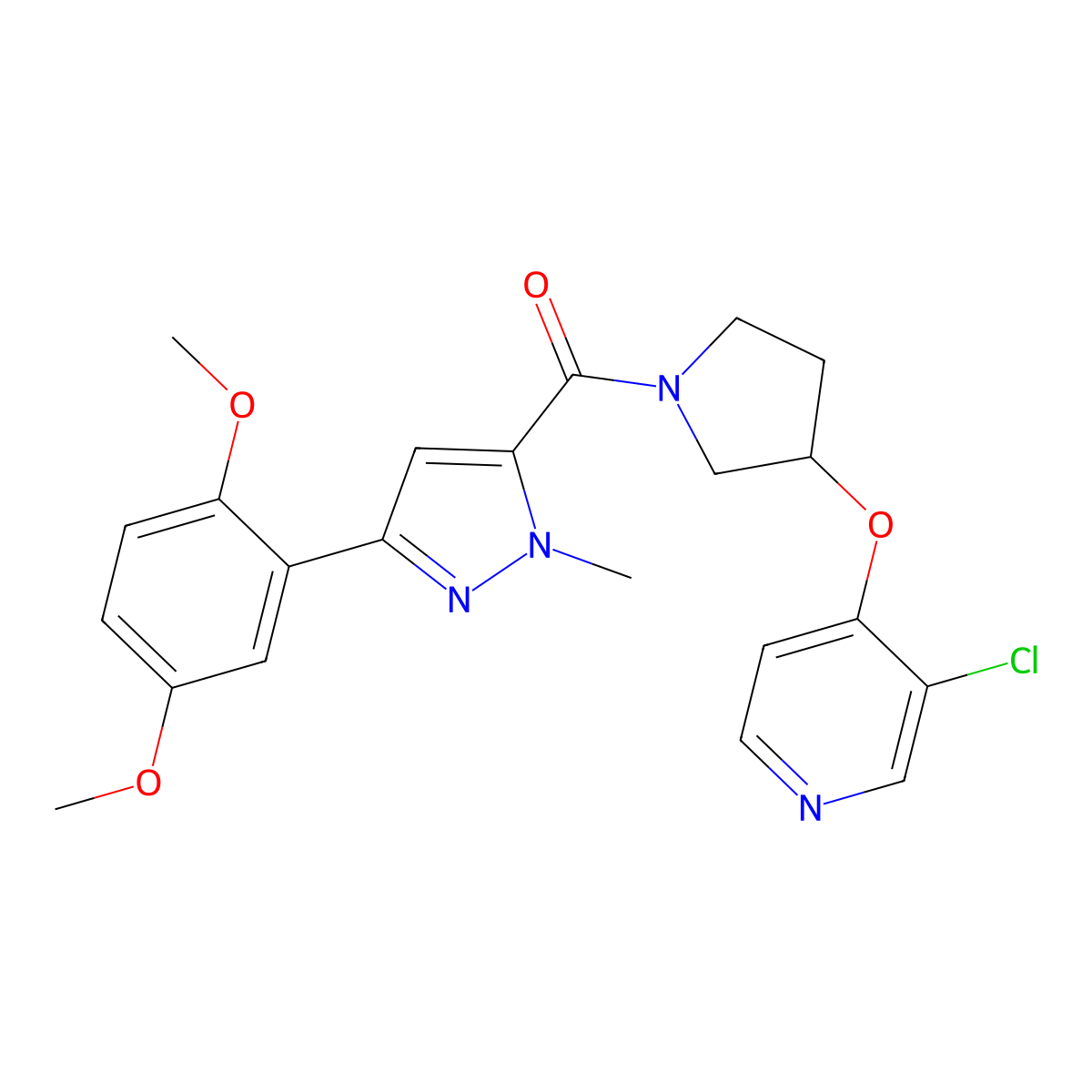 (3-((3-chloropyridin-4-yl)oxy)pyrrolidin-1-yl)(3-(2,5-dimethoxyphenyl)-1-methyl-1H-pyrazol-5-yl)methanone molecular structure, CAS 2034618-27-2