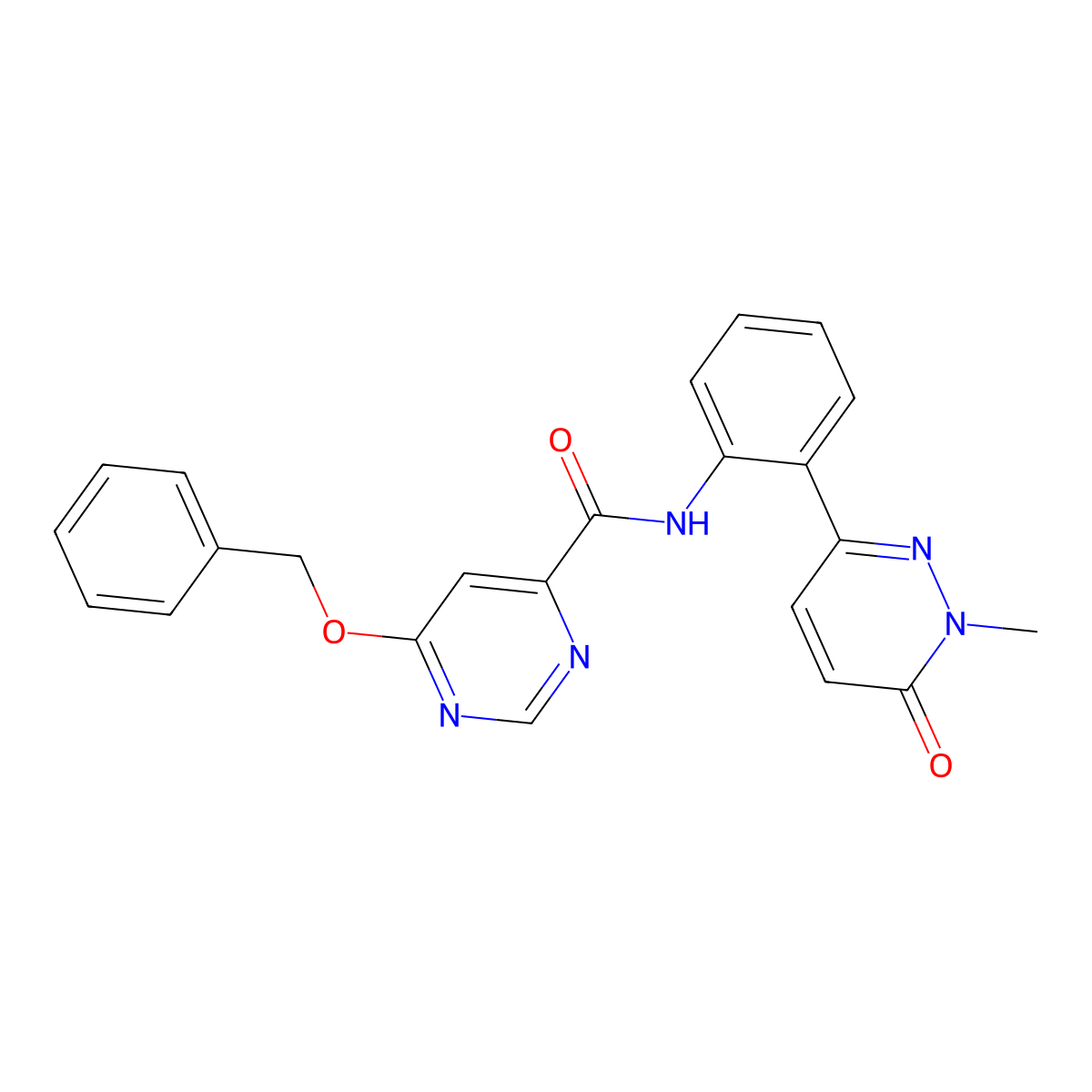 6-(benzyloxy)-N-(2-(1-methyl-6-oxo-1,6-dihydropyridazin-3-yl)phenyl)pyrimidine-4-carboxamide molecular structure, CAS 2034618-40-9