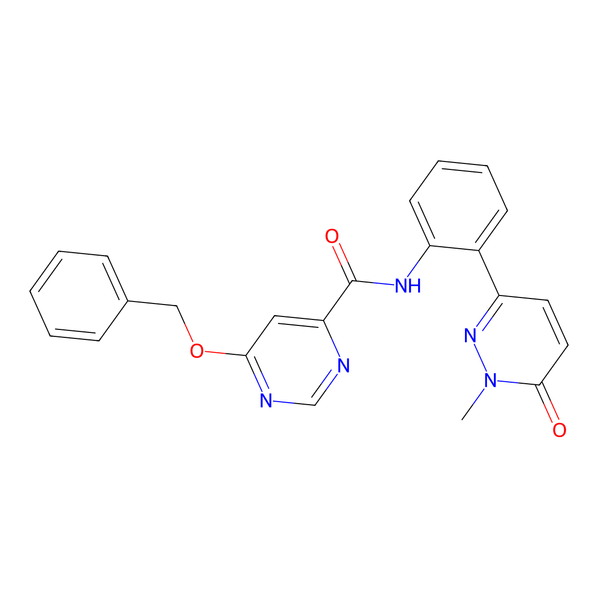 6-(benzyloxy)-N-(2-(1-methyl-6-oxo-1,6-dihydropyridazin-3-yl)phenyl)pyrimidine-4-carboxamide molecular structure, CAS 2034618-40-9