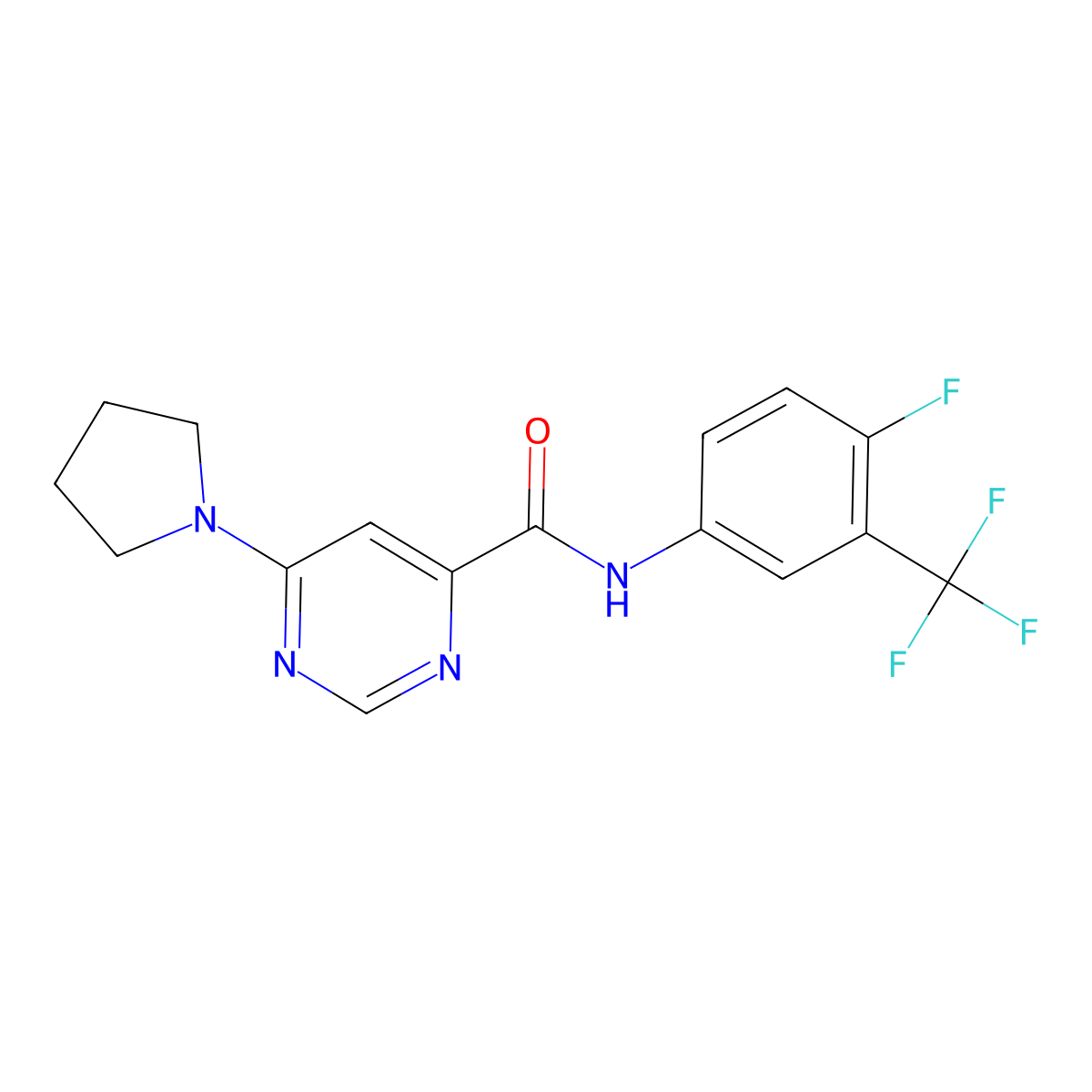 N-[4-fluoro-3-(trifluoromethyl)phenyl]-6-(pyrrolidin-1-yl)pyrimidine-4-carboxamide molecular structure, CAS 2034618-54-5