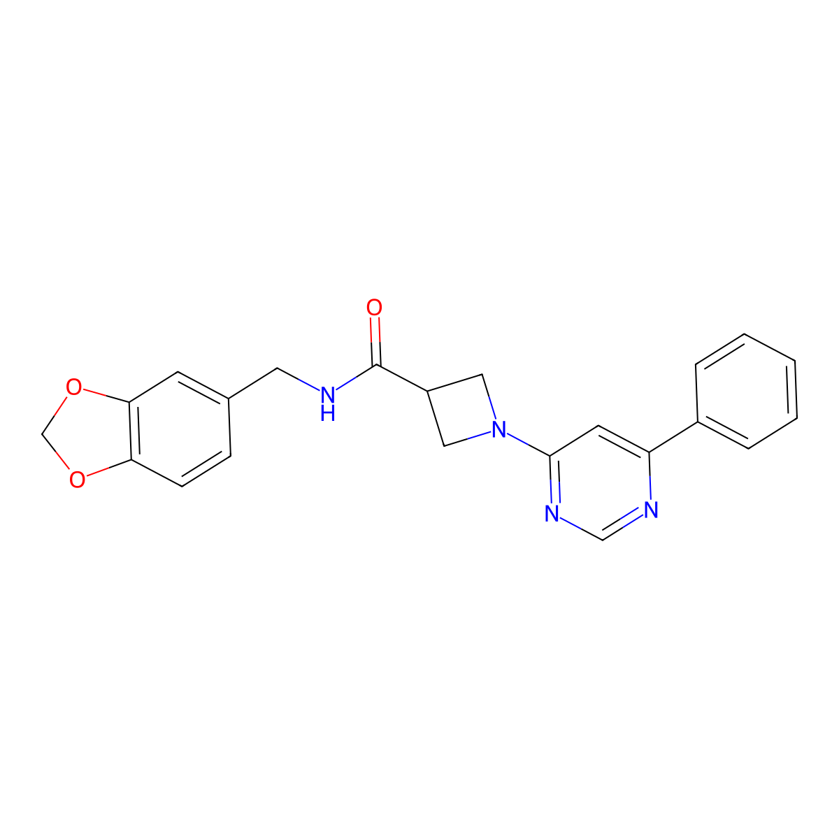 N-(benzo[d][1,3]dioxol-5-ylmethyl)-1-(6-phenylpyrimidin-4-yl)azetidine-3-carboxamide molecular structure, CAS 2034618-59-0