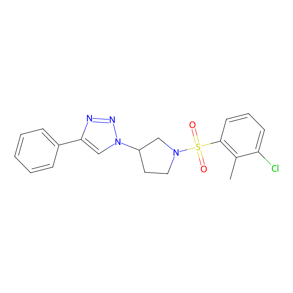 1-(1-((3-chloro-2-methylphenyl)sulfonyl)pyrrolidin-3-yl)-4-phenyl-1H-1,2,3-triazole molecular structure, CAS 2034618-69-2