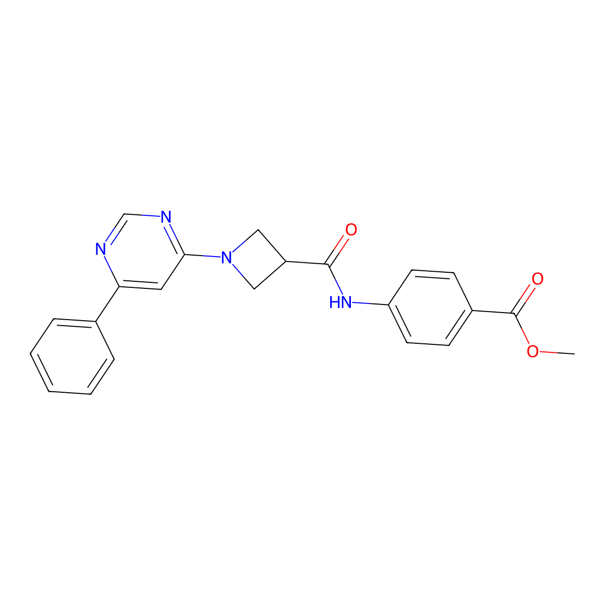 Methyl 4-(1-(6-phenylpyrimidin-4-yl)azetidine-3-carboxamido)benzoate molecular structure, CAS 2034618-72-7