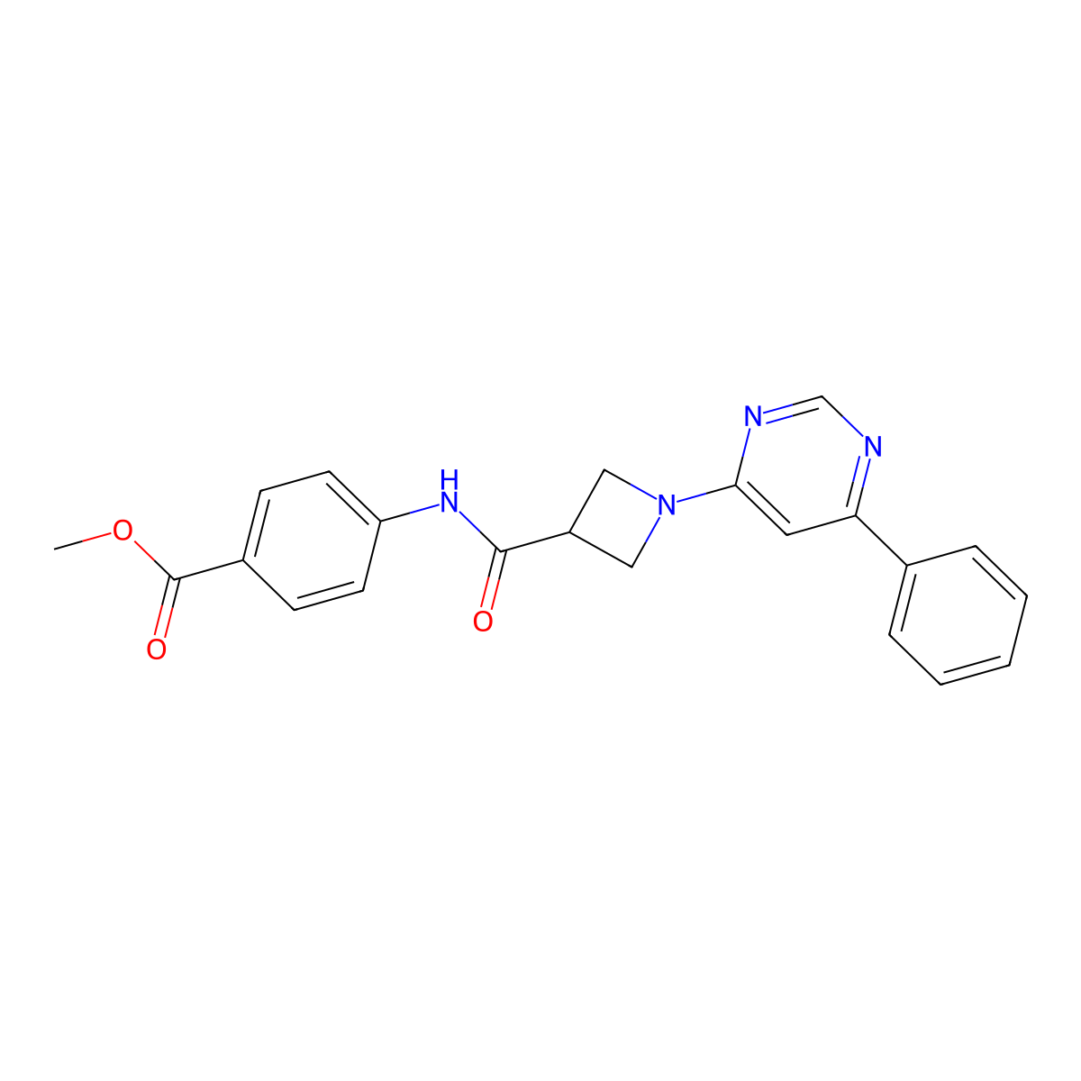 Methyl 4-(1-(6-phenylpyrimidin-4-yl)azetidine-3-carboxamido)benzoate molecular structure, CAS 2034618-72-7