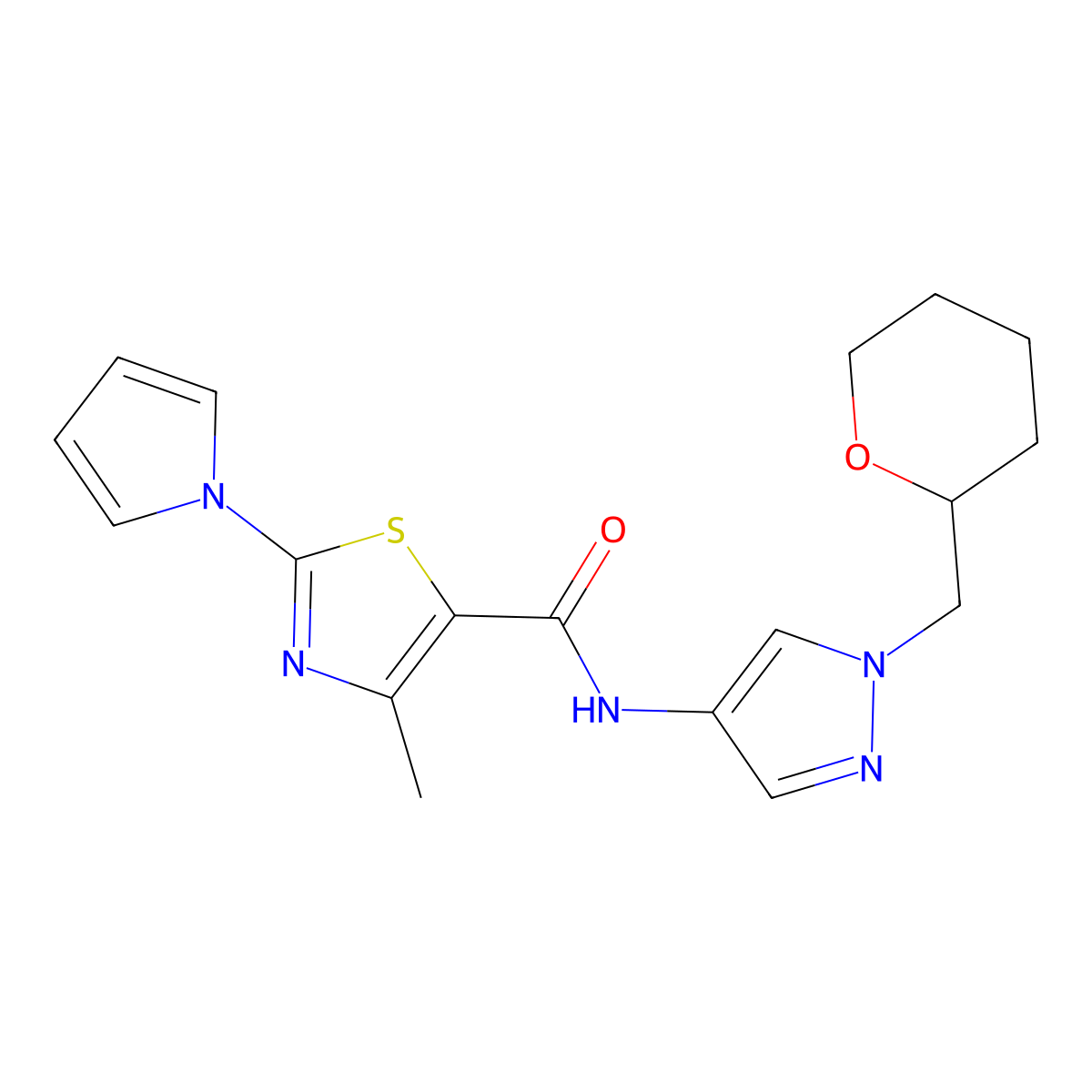 4-methyl-2-(1H-pyrrol-1-yl)-N-(1-((tetrahydro-2H-pyran-2-yl)methyl)-1H-pyrazol-4-yl)thiazole-5-carboxamide molecular structure, CAS 2034618-90-9