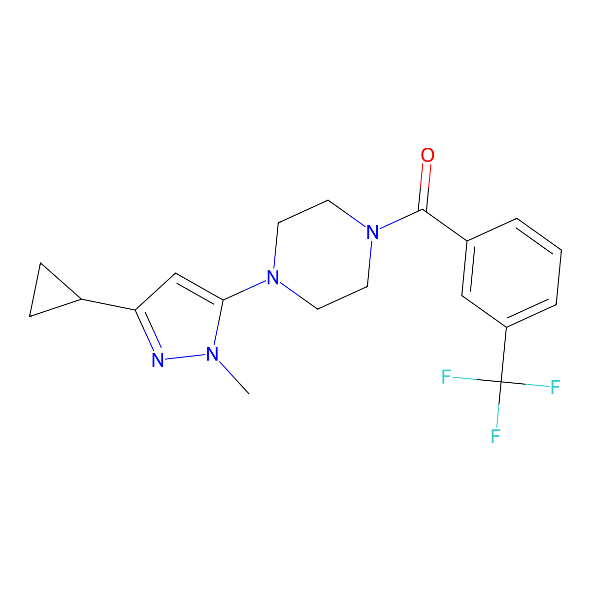 (4-(3-cyclopropyl-1-methyl-1H-pyrazol-5-yl)piperazin-1-yl)(3-(trifluoromethyl)phenyl)methanone molecular structure, CAS 2034618-94-3