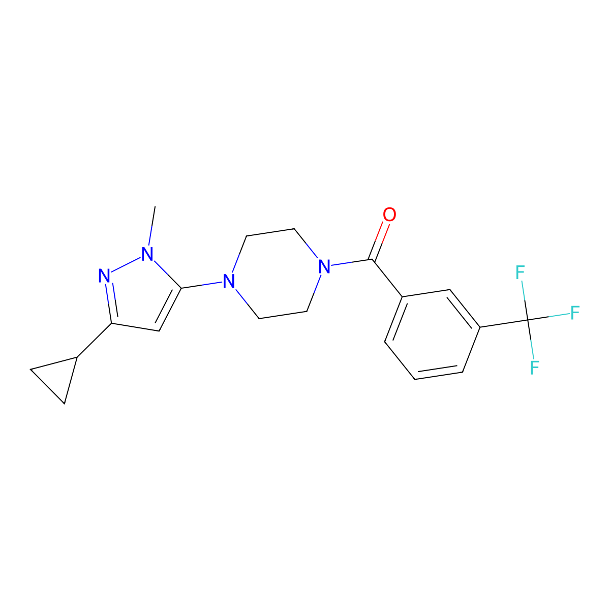 (4-(3-cyclopropyl-1-methyl-1H-pyrazol-5-yl)piperazin-1-yl)(3-(trifluoromethyl)phenyl)methanone molecular structure, CAS 2034618-94-3