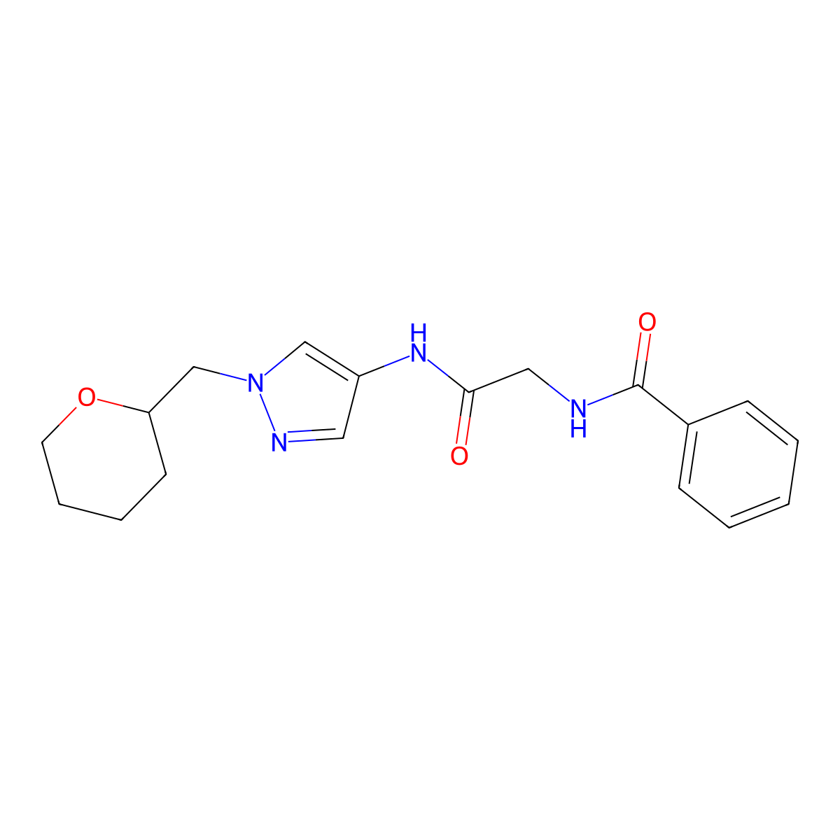 N-(2-oxo-2-((1-((tetrahydro-2H-pyran-2-yl)methyl)-1H-pyrazol-4-yl)amino)ethyl)benzamide molecular structure, CAS 2034618-95-4