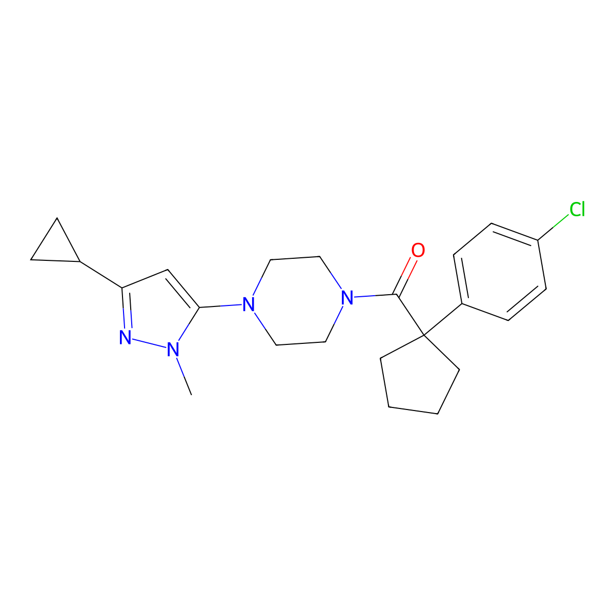 (1-(4-chlorophenyl)cyclopentyl)(4-(3-cyclopropyl-1-methyl-1H-pyrazol-5-yl)piperazin-1-yl)methanone molecular structure, CAS 2034619-03-7
