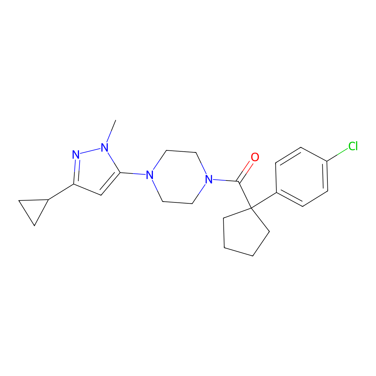 (1-(4-chlorophenyl)cyclopentyl)(4-(3-cyclopropyl-1-methyl-1H-pyrazol-5-yl)piperazin-1-yl)methanone molecular structure, CAS 2034619-03-7