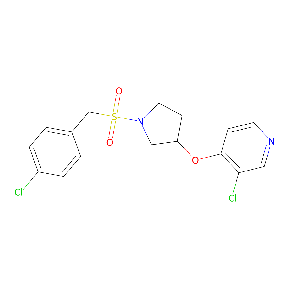 3-Chloro-4-((1-((4-chlorobenzyl)sulfonyl)pyrrolidin-3-yl)oxy)pyridine molecular structure, CAS 2034619-05-9