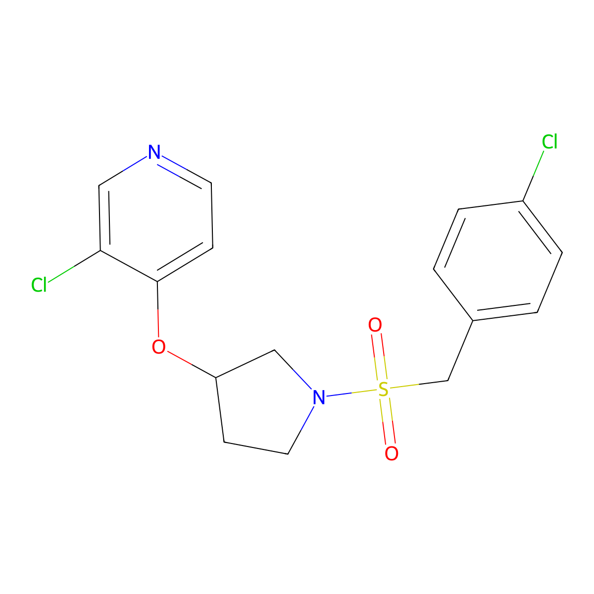 3-Chloro-4-((1-((4-chlorobenzyl)sulfonyl)pyrrolidin-3-yl)oxy)pyridine molecular structure, CAS 2034619-05-9