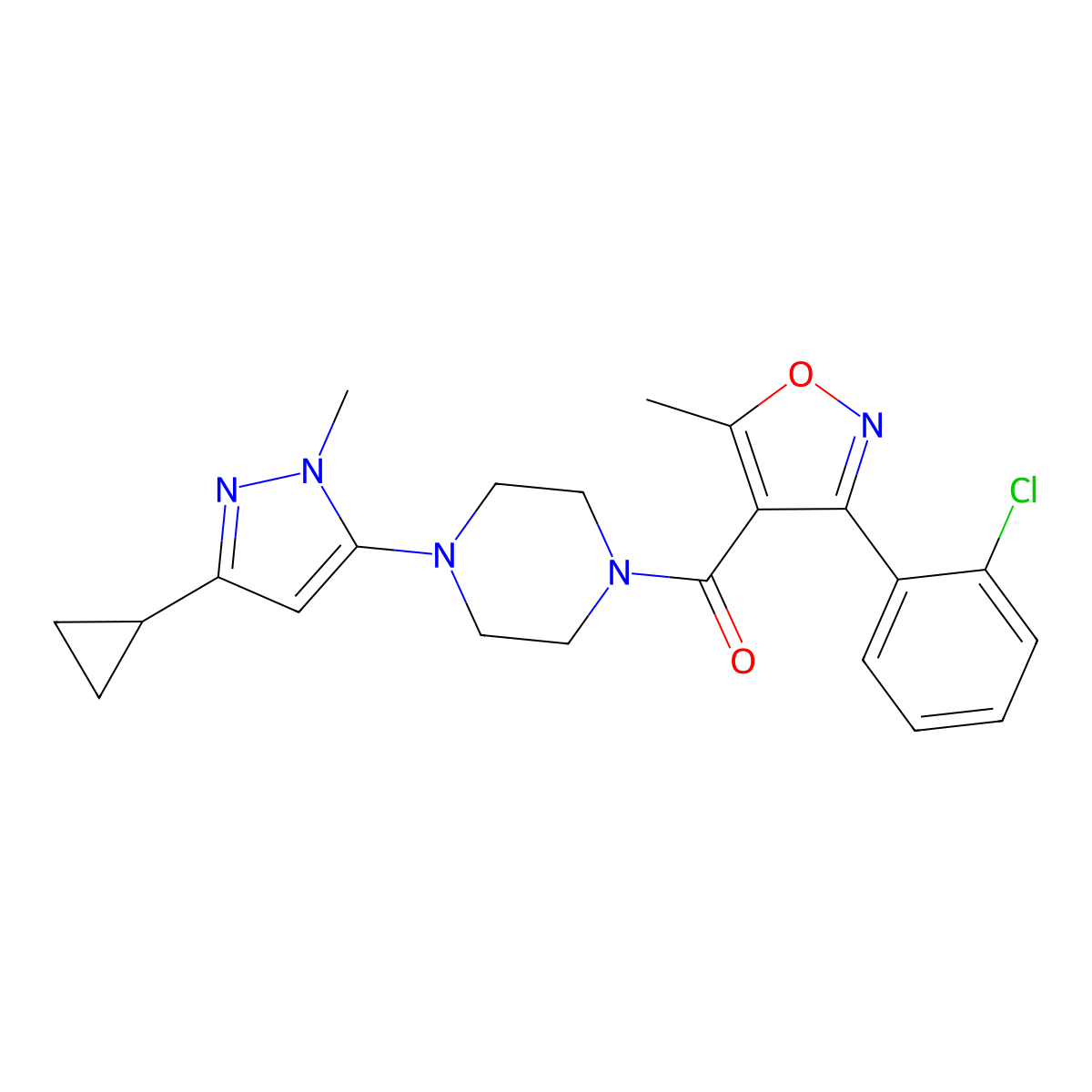 (3-(2-chlorophenyl)-5-methylisoxazol-4-yl)(4-(3-cyclopropyl-1-methyl-1H-pyrazol-5-yl)piperazin-1-yl)methanone molecular structure, CAS 2034619-09-3