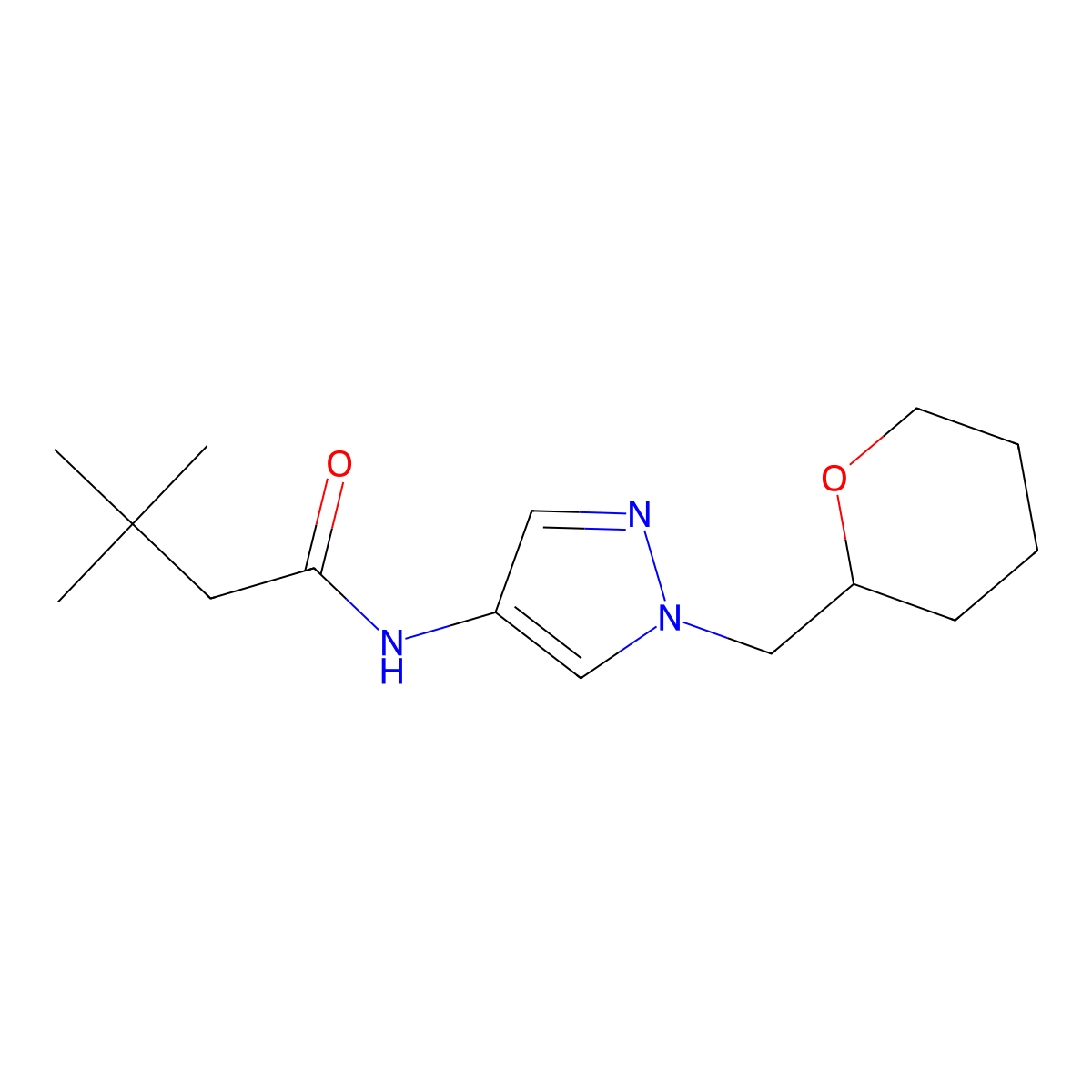 3,3-dimethyl-N-(1-((tetrahydro-2H-pyran-2-yl)methyl)-1H-pyrazol-4-yl)butanamide molecular structure, CAS 2034619-14-0