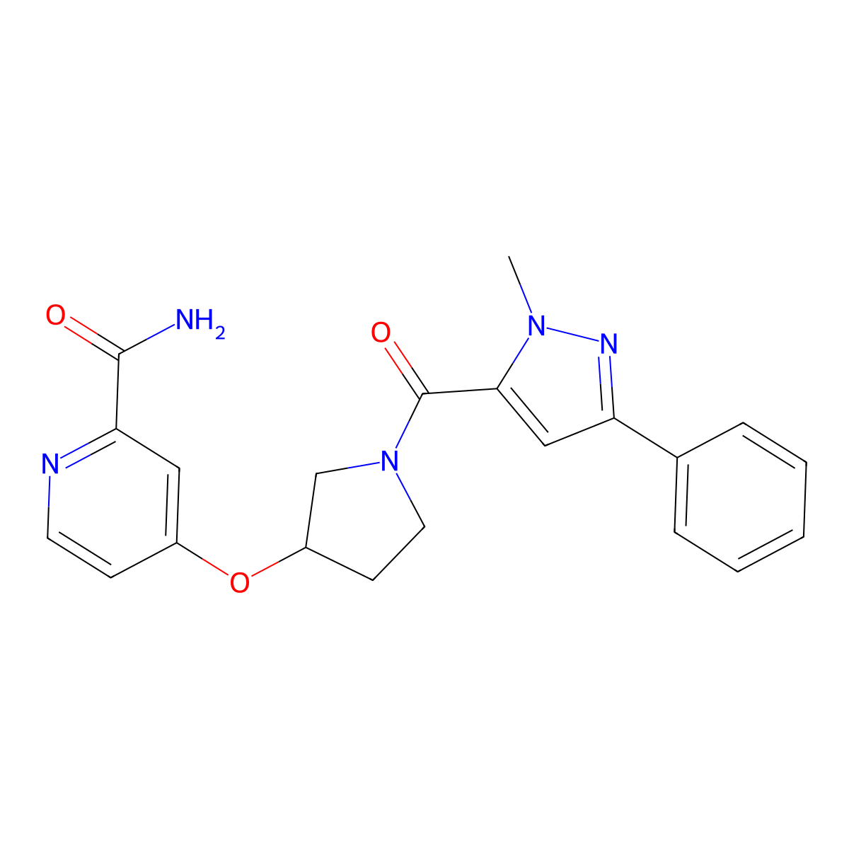 4-((1-(1-methyl-3-phenyl-1H-pyrazole-5-carbonyl)pyrrolidin-3-yl)oxy)picolinamide molecular structure, CAS 2034619-15-1