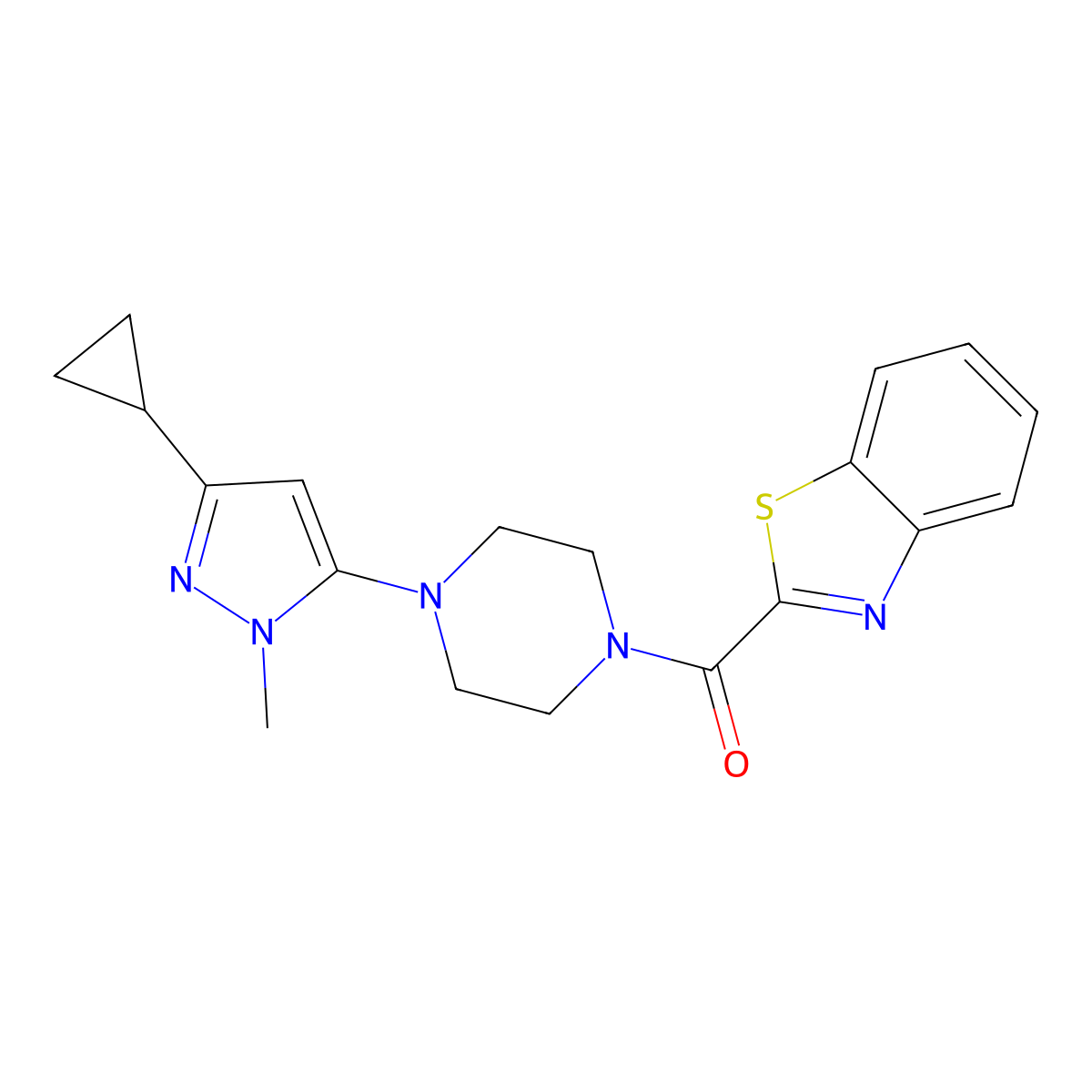 benzo[d]thiazol-2-yl(4-(3-cyclopropyl-1-methyl-1H-pyrazol-5-yl)piperazin-1-yl)methanone molecular structure, CAS 2034619-25-3