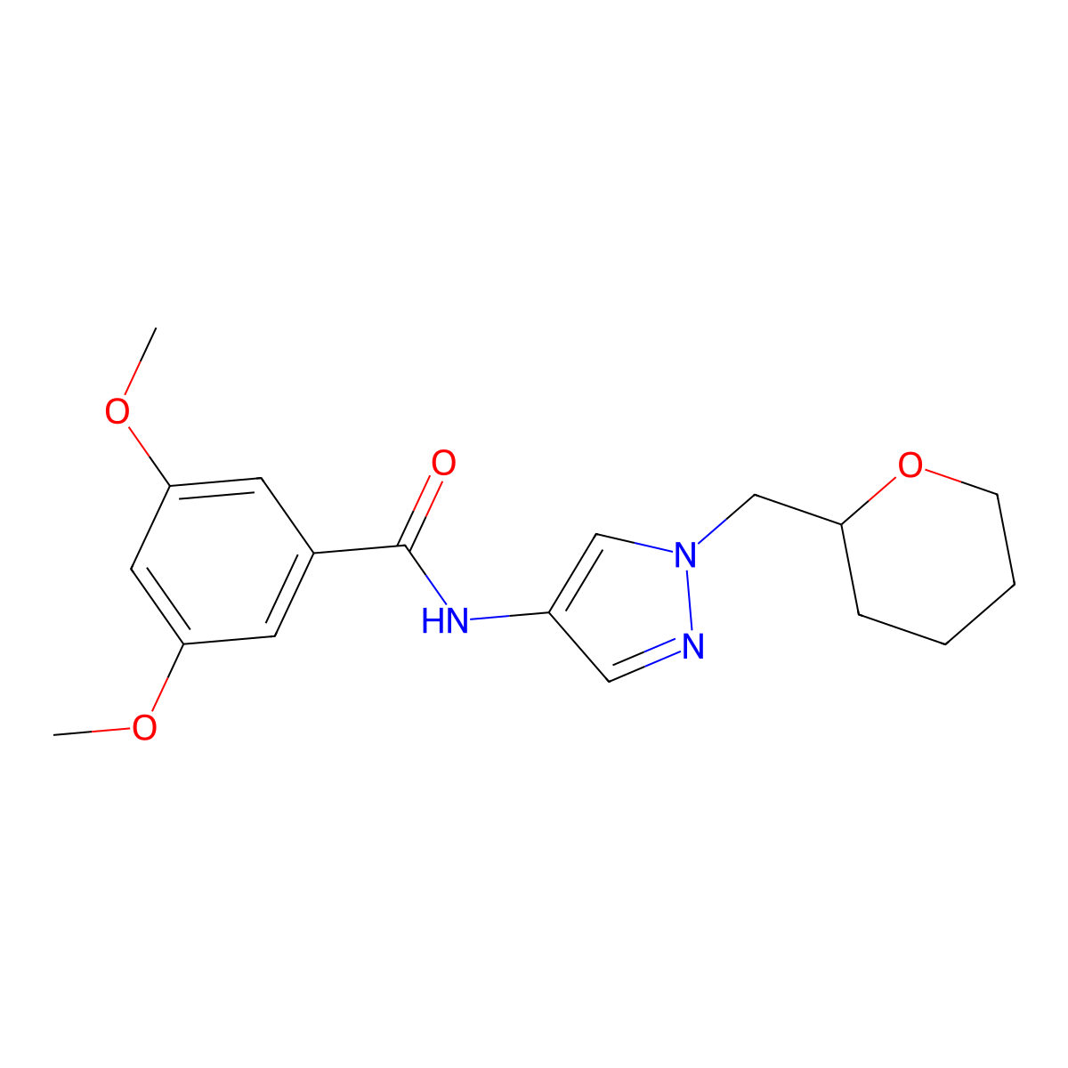 3,5-dimethoxy-N-(1-((tetrahydro-2H-pyran-2-yl)methyl)-1H-pyrazol-4-yl)benzamide molecular structure, CAS 2034619-26-4