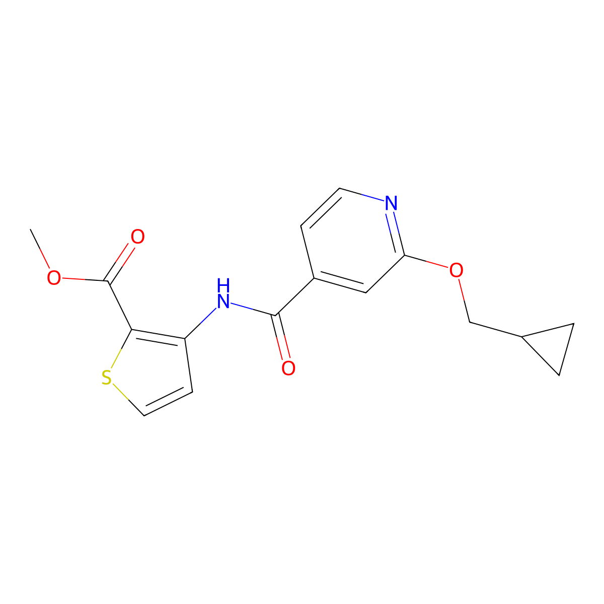 Methyl 3-(2-(cyclopropylmethoxy)isonicotinamido)thiophene-2-carboxylate molecular structure, CAS 2034619-27-5