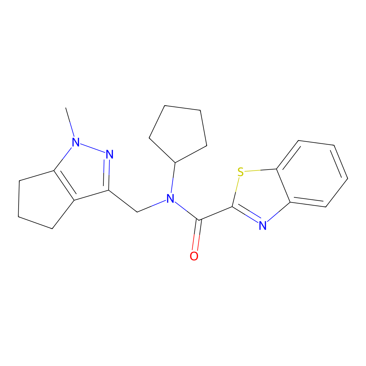 N-cyclopentyl-N-((1-methyl-1,4,5,6-tetrahydrocyclopenta[c]pyrazol-3-yl)methyl)benzo[d]thiazole-2-carboxamide molecular structure, CAS 2034619-28-6